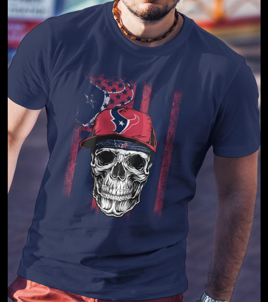 Houston Texans Skull Flag Stars Cap T-Shirt