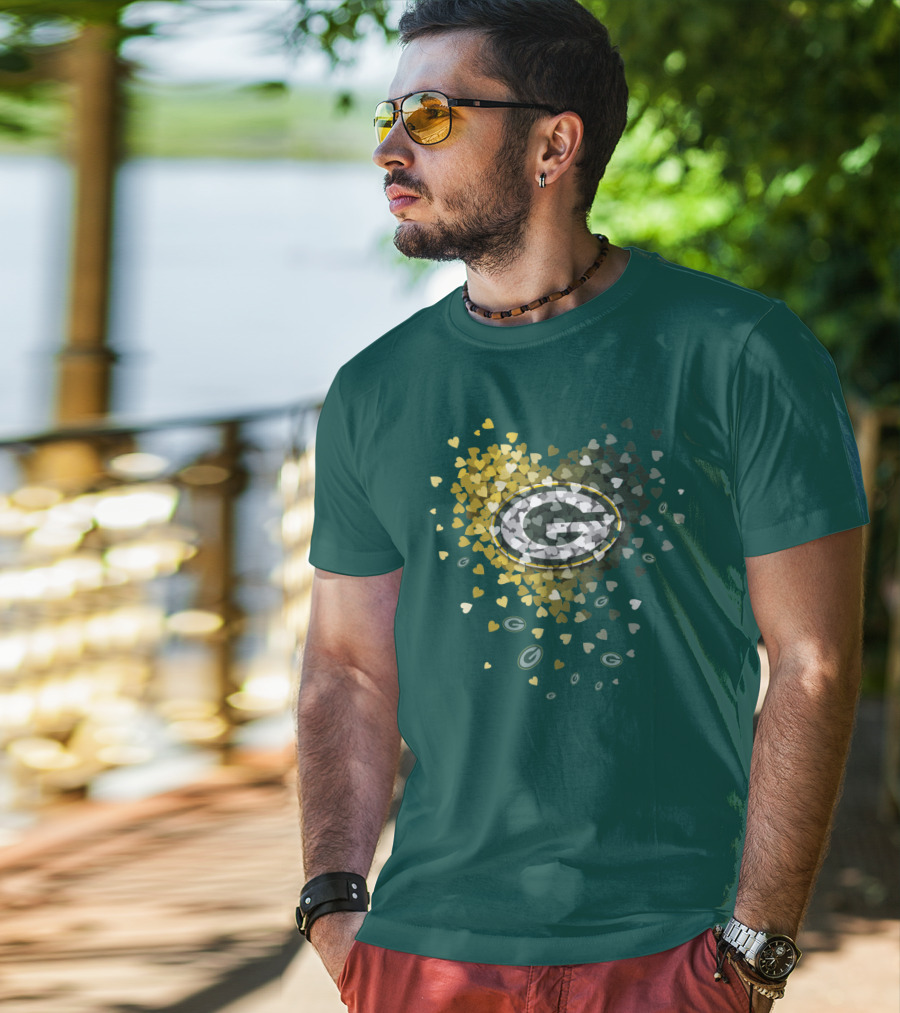 Green Bay Packers Heart Logo With Golden Hearts And Green T-Shirt