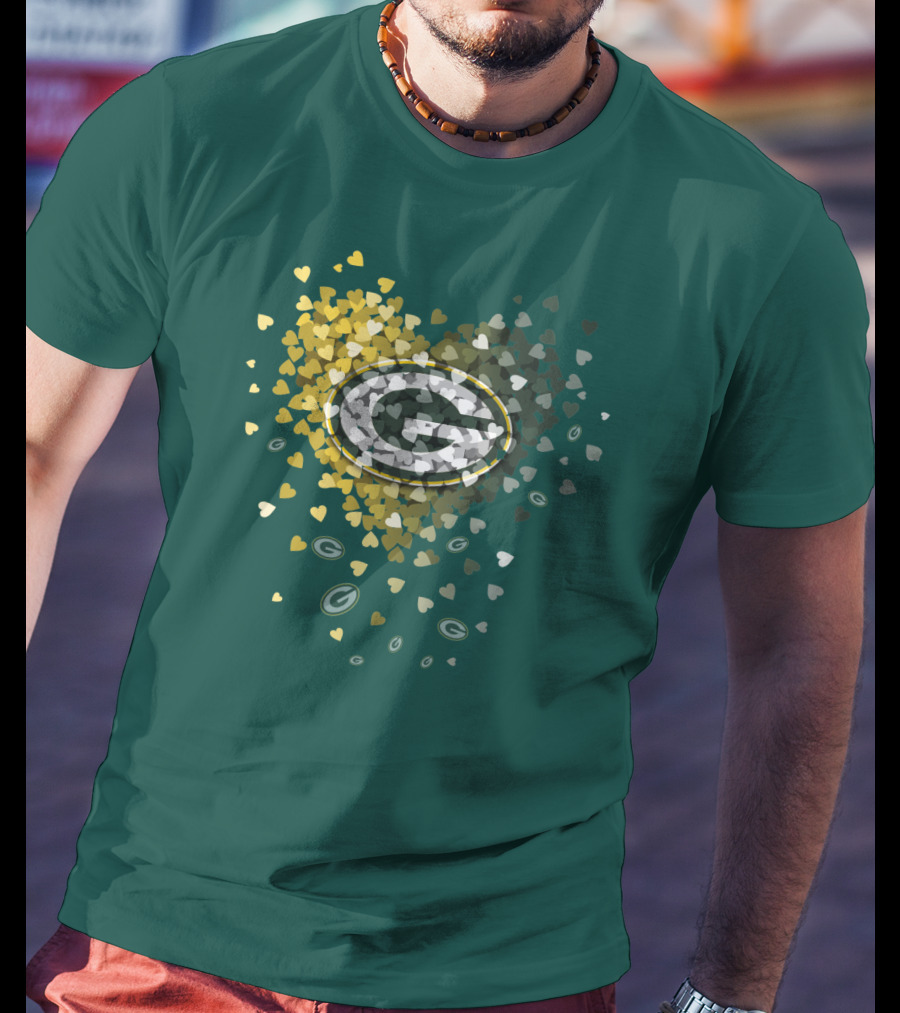 Green Bay Packers Heart Logo With Golden Hearts And Green T-Shirt