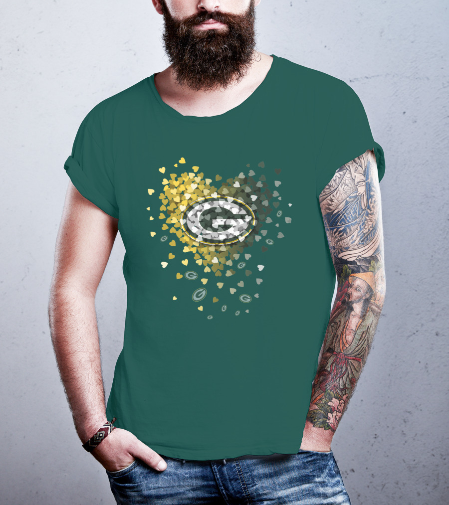 Green Bay Packers Heart Logo With Golden Hearts And Green T-Shirt
