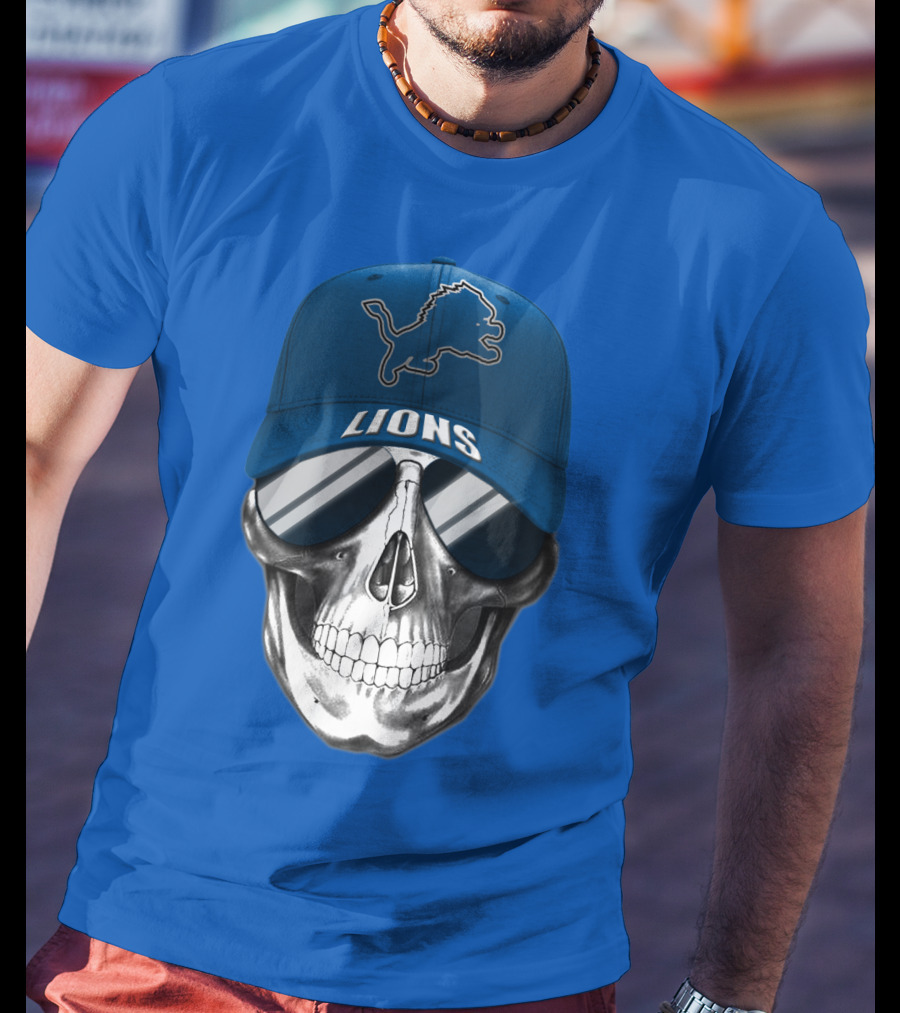 Detroit Lions Skull With Blue Cap And Sunglasses T-Shirt