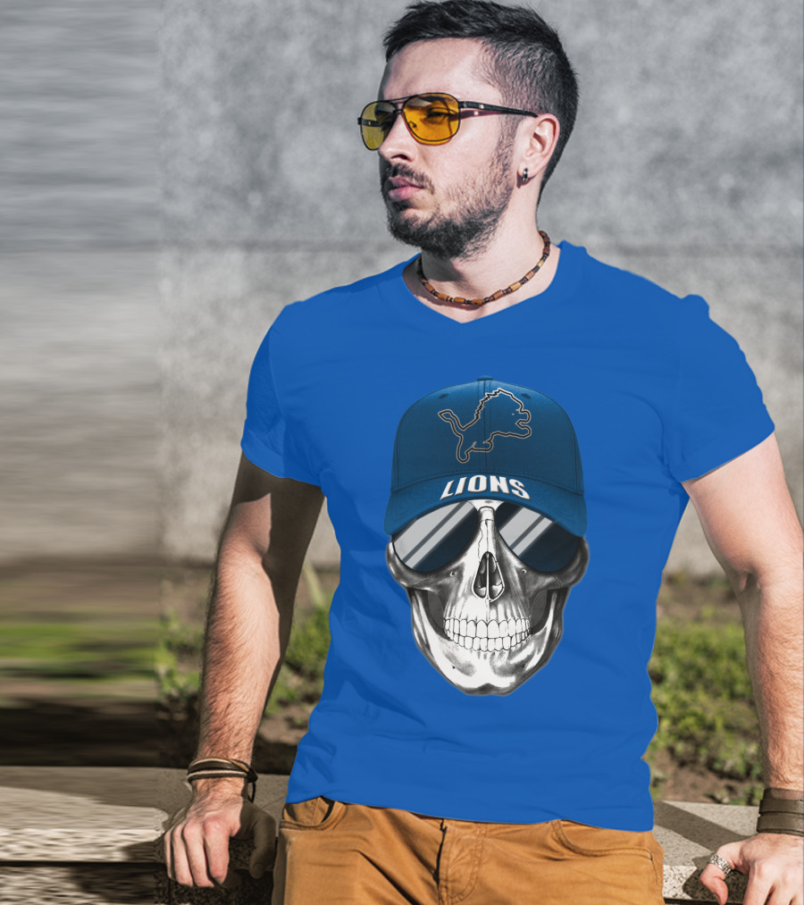 Detroit Lions Skull With Blue Cap And Sunglasses T-Shirt