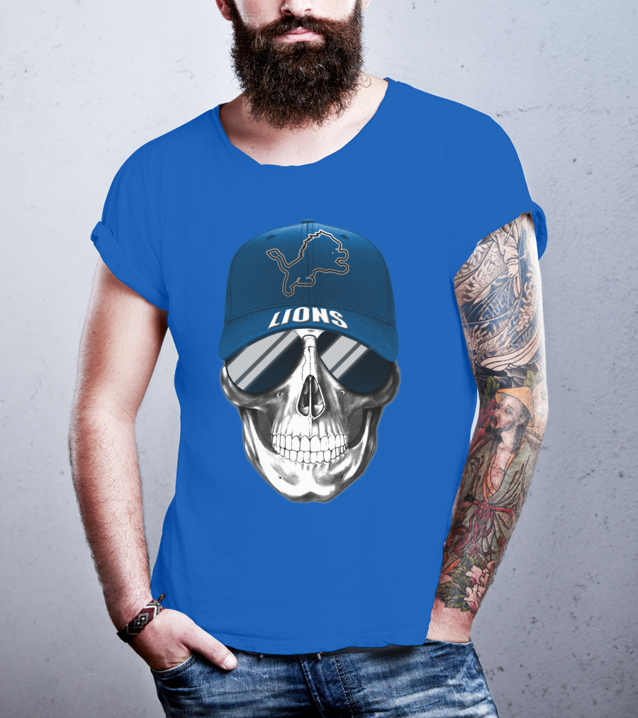 Detroit Lions Skull With Blue Cap And Sunglasses T-Shirt