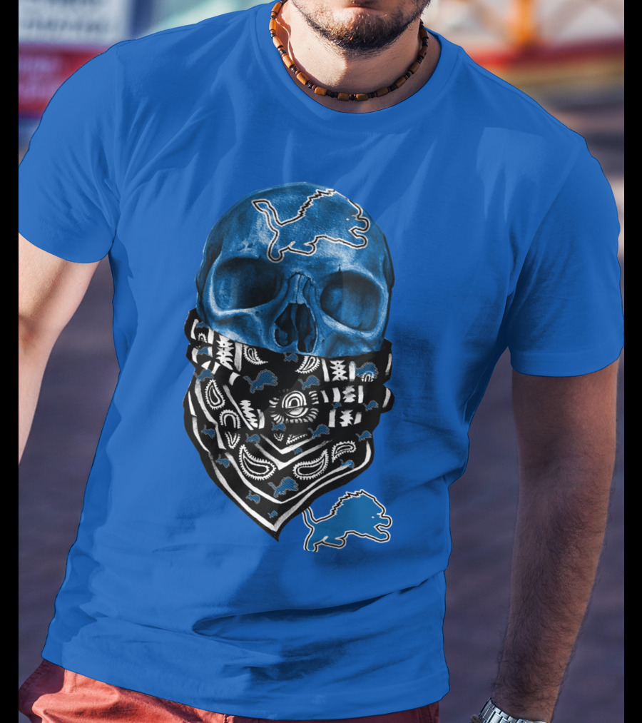Detroit Lions Blue Skull Bandana Icon With Nfl Team T-Shirt