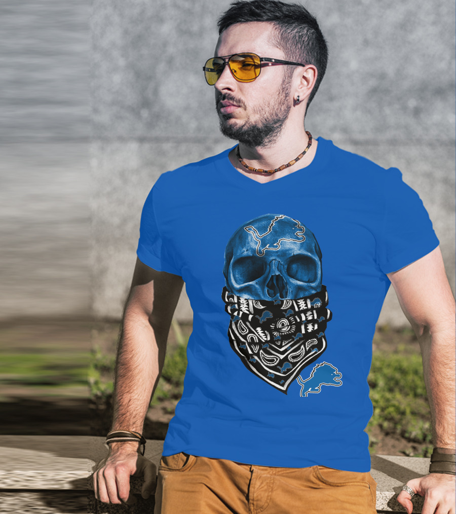 Detroit Lions Blue Skull Bandana Icon With Nfl Team T-Shirt