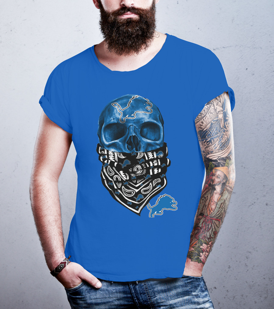 Detroit Lions Blue Skull Bandana Icon With Nfl Team T-Shirt