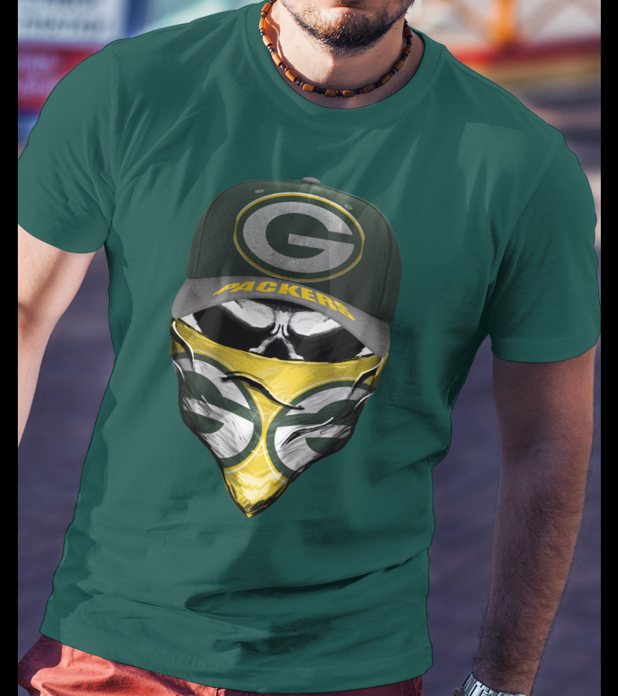 Green Bay Packers G Cap And Bandana Face Skull T-Shirt