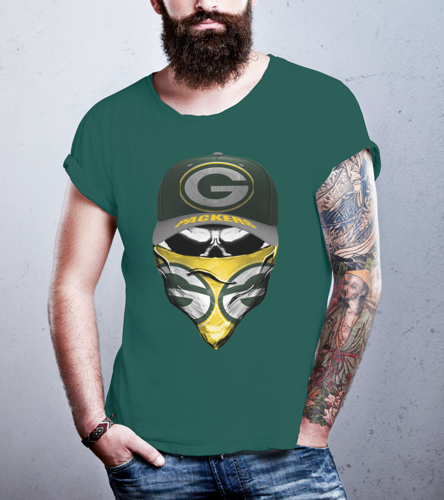 Green Bay Packers G Cap And Bandana Face Skull T-Shirt