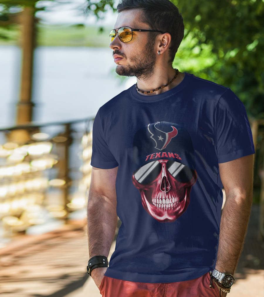 Houston Texans Skull With Cap And Sunglasses T-Shirt