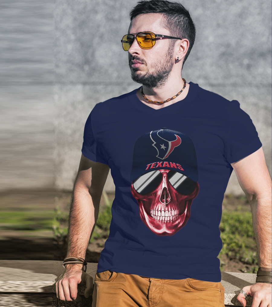 Houston Texans Skull With Cap And Sunglasses T-Shirt