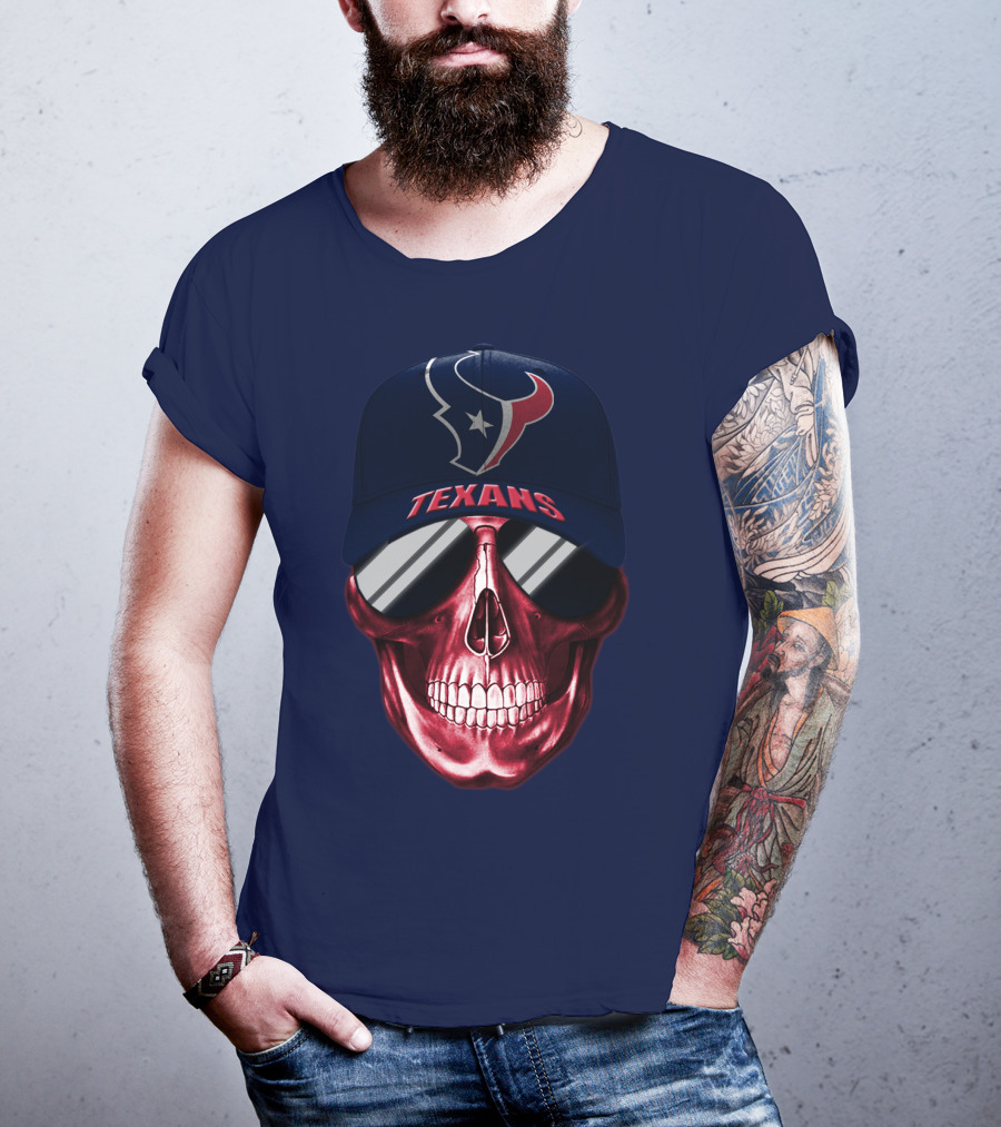 Houston Texans Skull With Cap And Sunglasses T-Shirt