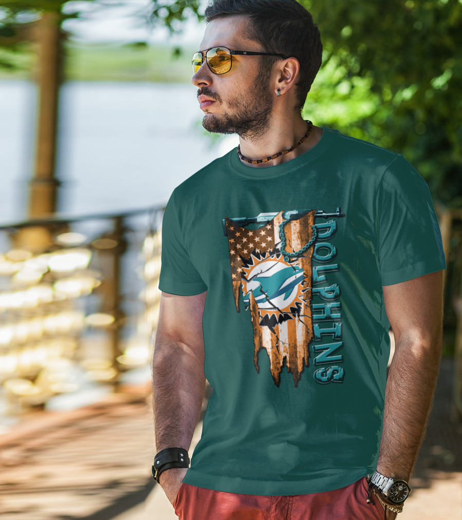 Miami Dolphins Flag And Logo Style With Stars And Stripes T-Shirt