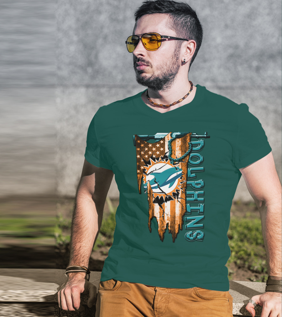 Miami Dolphins Flag And Logo Style With Stars And Stripes T-Shirt