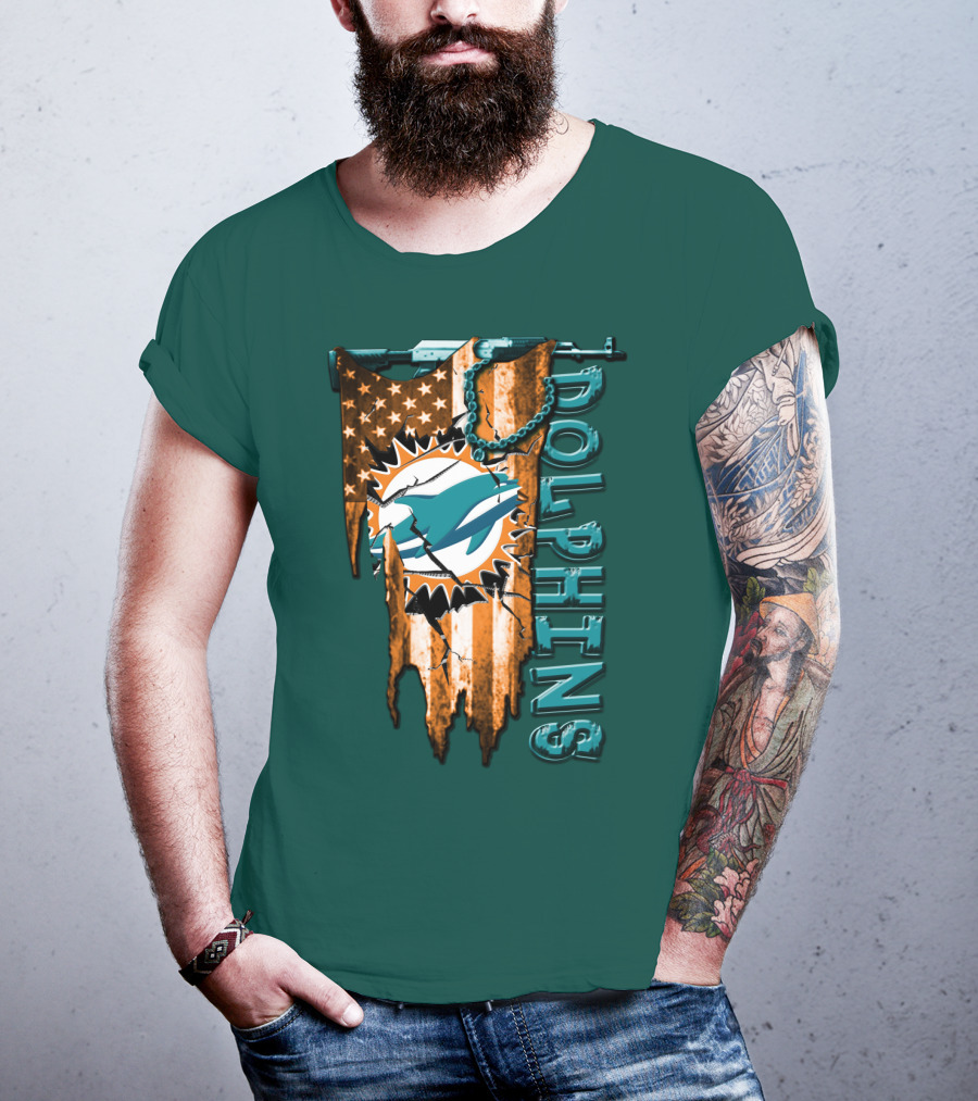 Miami Dolphins Flag And Logo Style With Stars And Stripes T-Shirt
