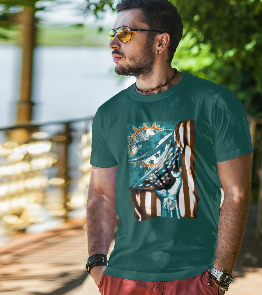 Miami Dolphins American Flag Hand Holding T-Shirt