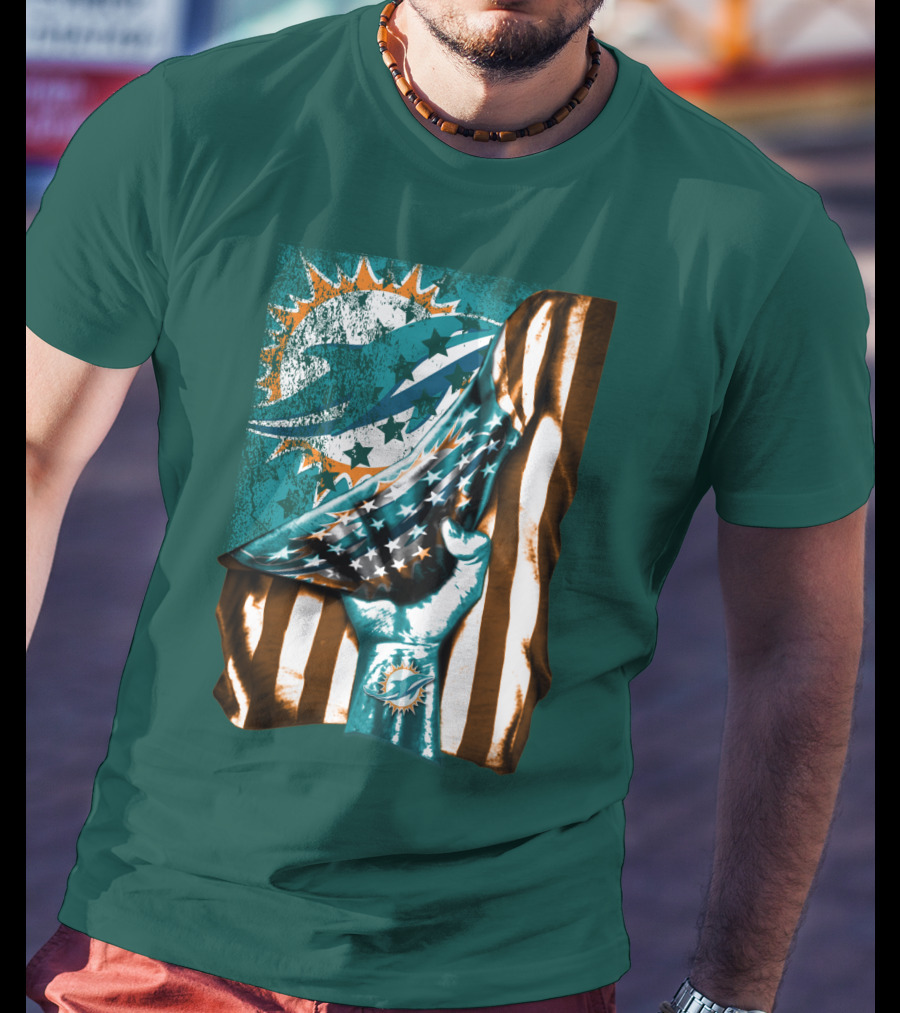 Miami Dolphins American Flag Hand Holding T-Shirt