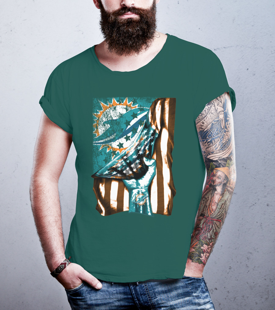 Miami Dolphins American Flag Hand Holding T-Shirt