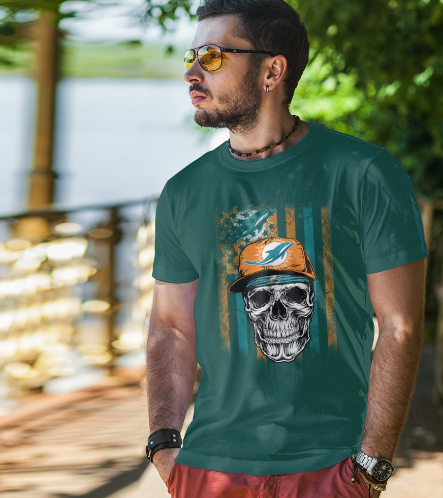 Miami Dolphins Skull With Cap And Logo In Orange And Teal Grunge Style T-Shirt