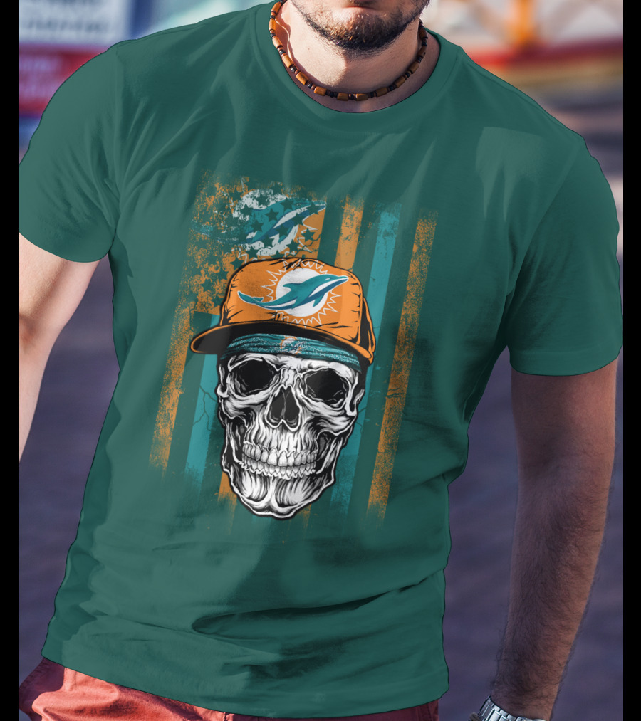 Miami Dolphins Skull With Cap And Logo In Orange And Teal Grunge Style T-Shirt