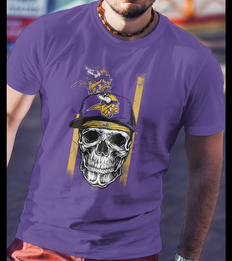 Minnesota Vikings Skull With Cap And Logo On Purple T-Shirt