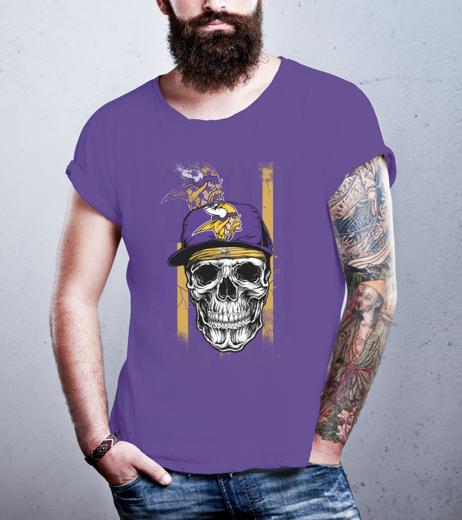 Minnesota Vikings Skull With Cap And Logo On Purple T-Shirt