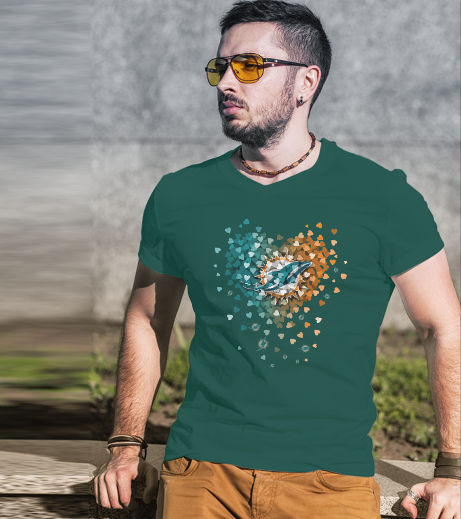 Miami Dolphins Heart Logo With Multicolor Hearts T-Shirt