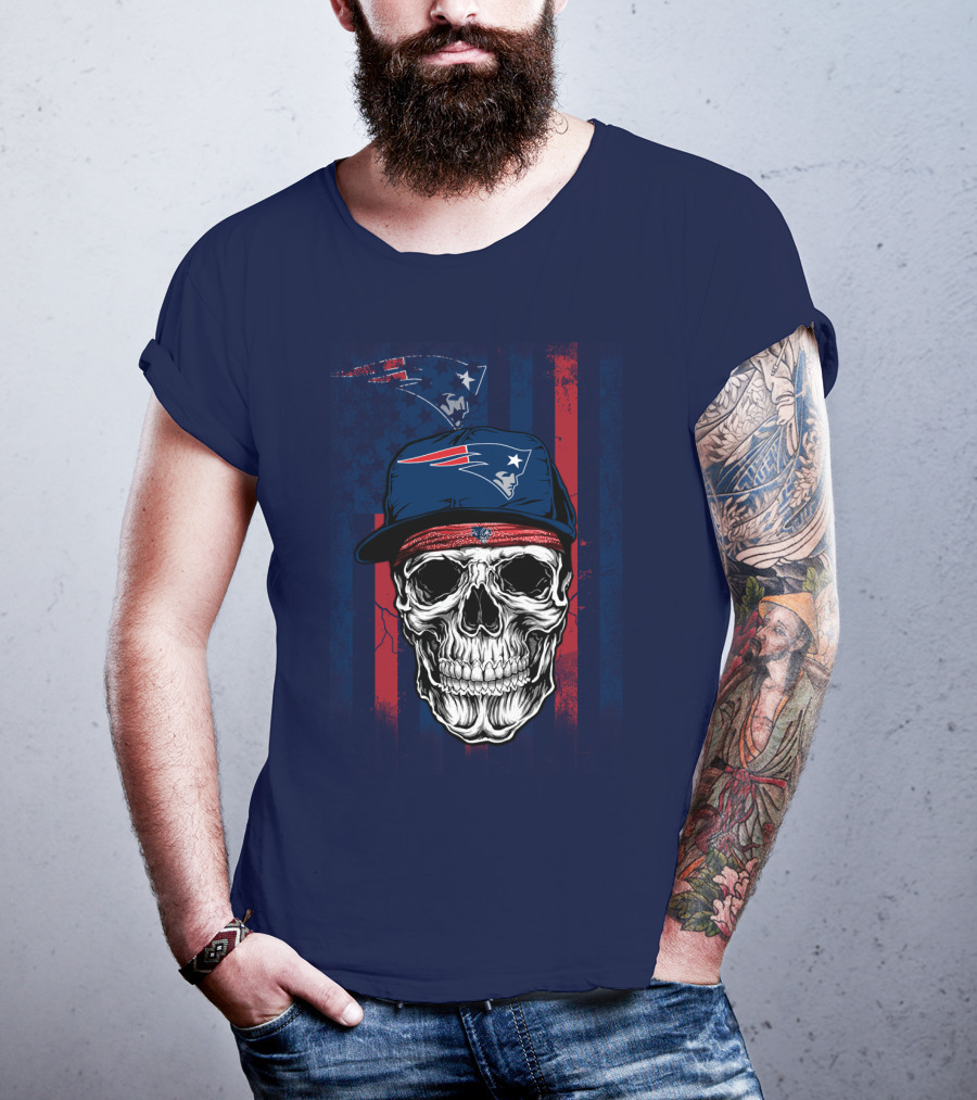 New England Patriots Skull With Cap And Red Blue Stripes T-Shirt