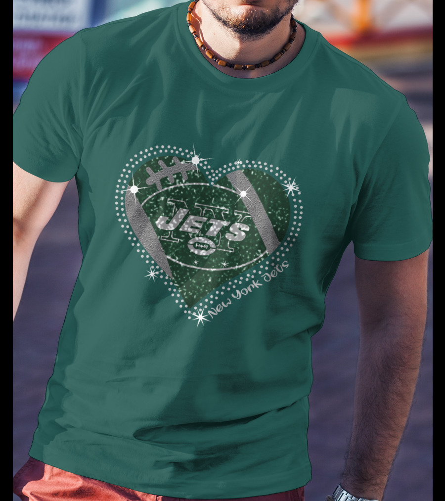 New York Jets Heart Football Sparkle T-Shirt