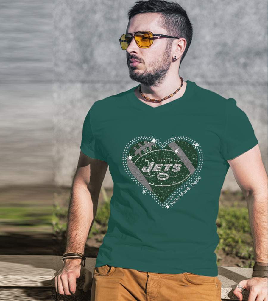 New York Jets Heart Football Sparkle T-Shirt