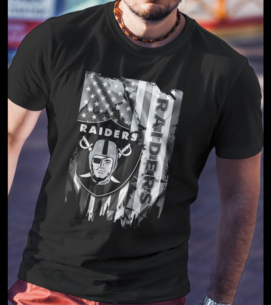 Raiders Nfl Logo With Black And White American Flag T-Shirt