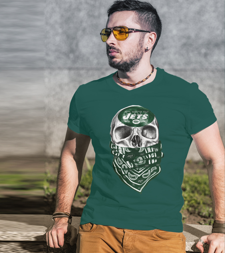 New York Jets Skull Bandana Football T-Shirt