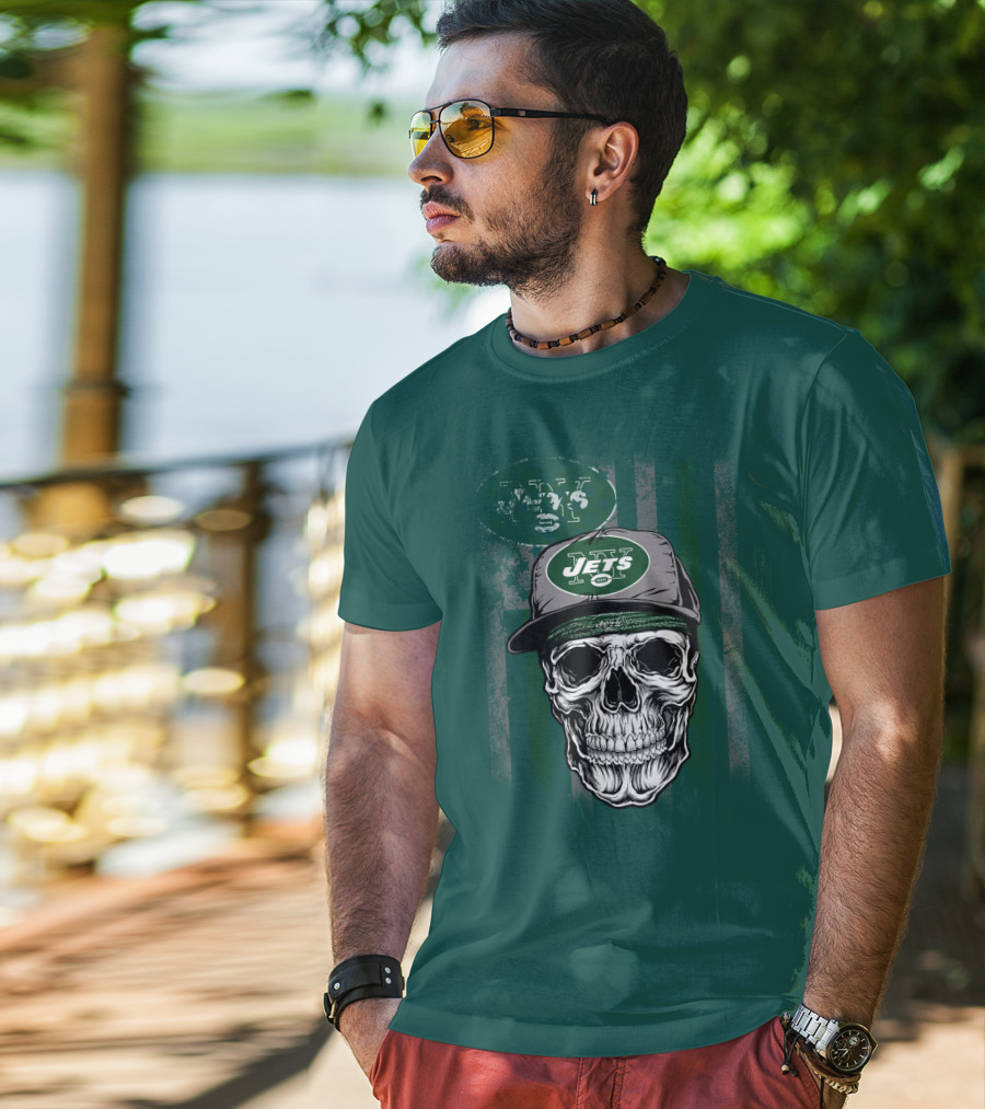 Skull With New York Jets Cap And Logo On Green Stripe T-Shirt