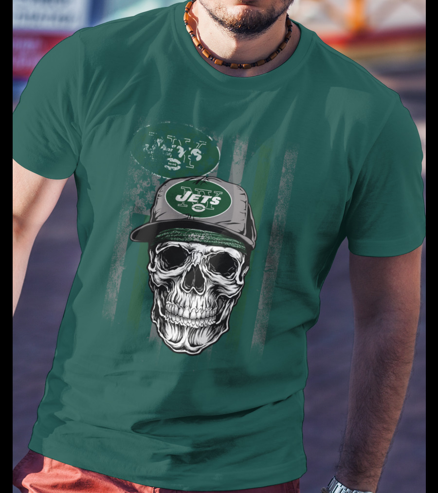 Skull With New York Jets Cap And Logo On Green Stripe T-Shirt