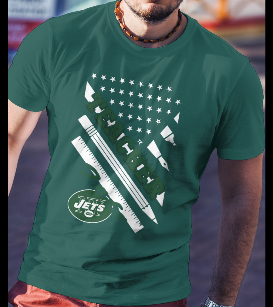New York Jets Teacher Football Enthusiast American Flag And School Supplies T-Shirt