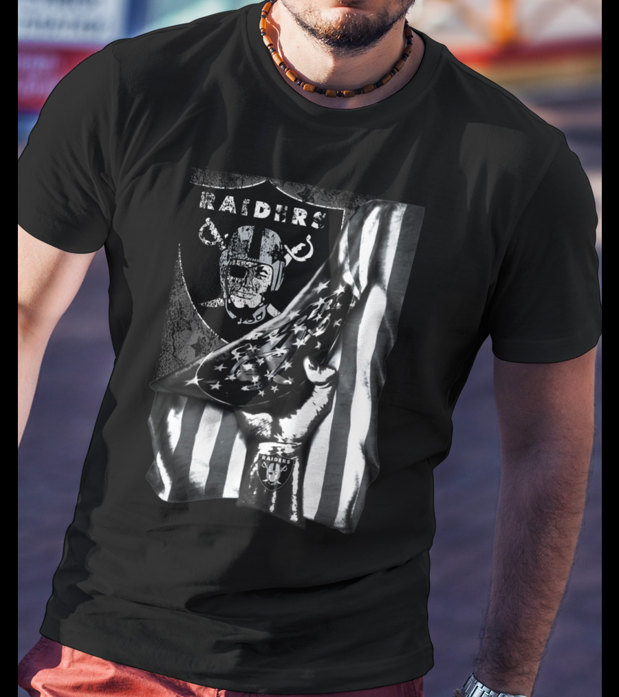 Raiders Shield Helmet And Stars Stripes Black And White Tribute T-Shirt