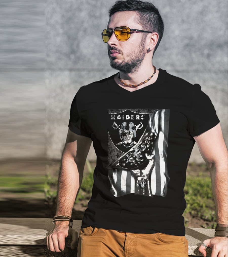 Raiders Shield Helmet And Stars Stripes Black And White Tribute T-Shirt