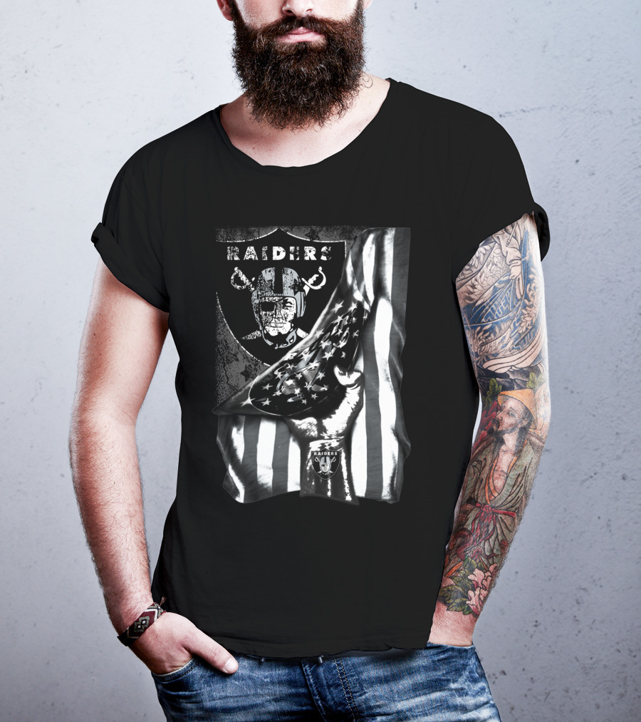 Raiders Shield Helmet And Stars Stripes Black And White Tribute T-Shirt