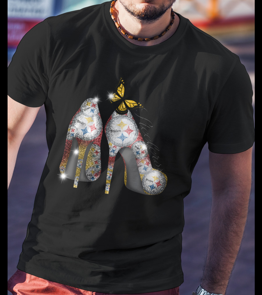 Steelers Pittsburgh High Heels With Yellow Butterfly Sparkle T-Shirt