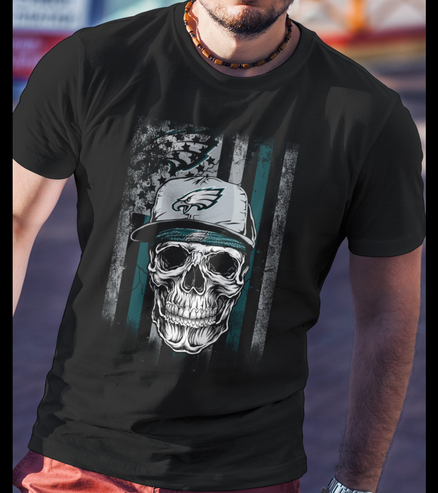 Philadelphia Eagles Skull With Hat On Striped T-Shirt