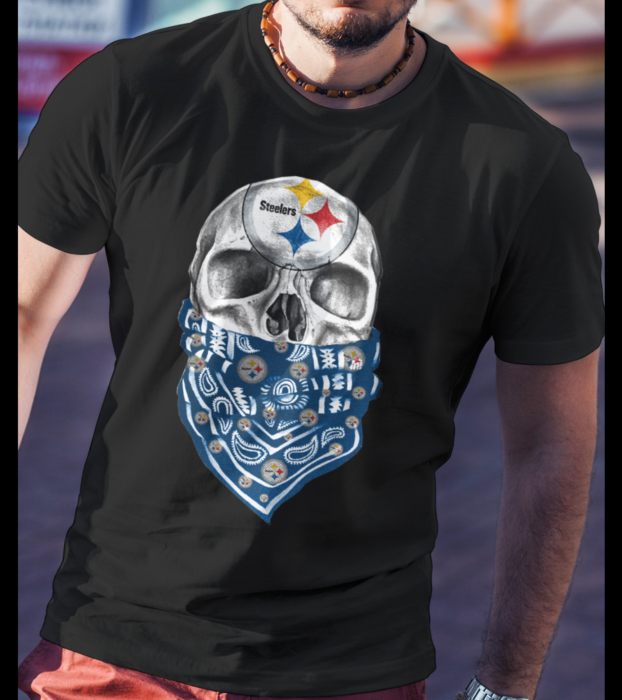 Pittsburgh Steelers Skull Bandana With Team Logo Elements T-Shirt