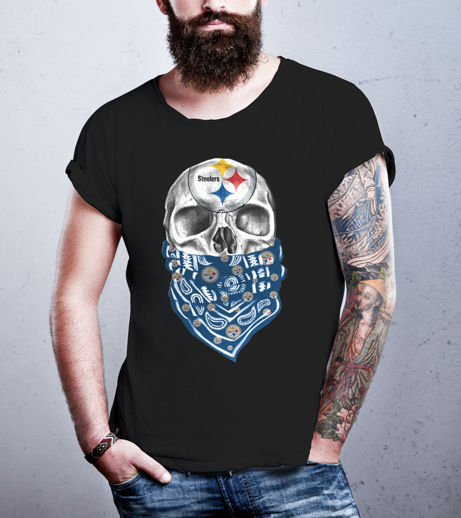 Pittsburgh Steelers Skull Bandana With Team Logo Elements T-Shirt