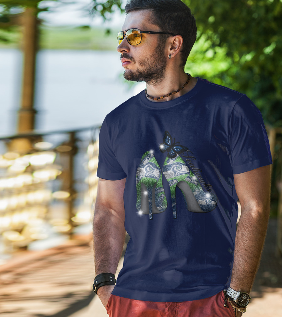 Seattle Seahawks High Heels Butterfly Sparkle T-Shirt