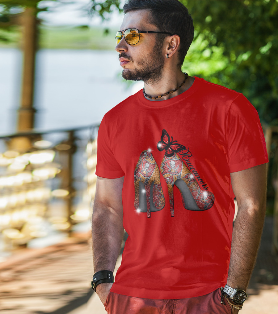 Buccaneers Heels With Red And Gold Skull Pattern Butterfly Accent T-Shirt