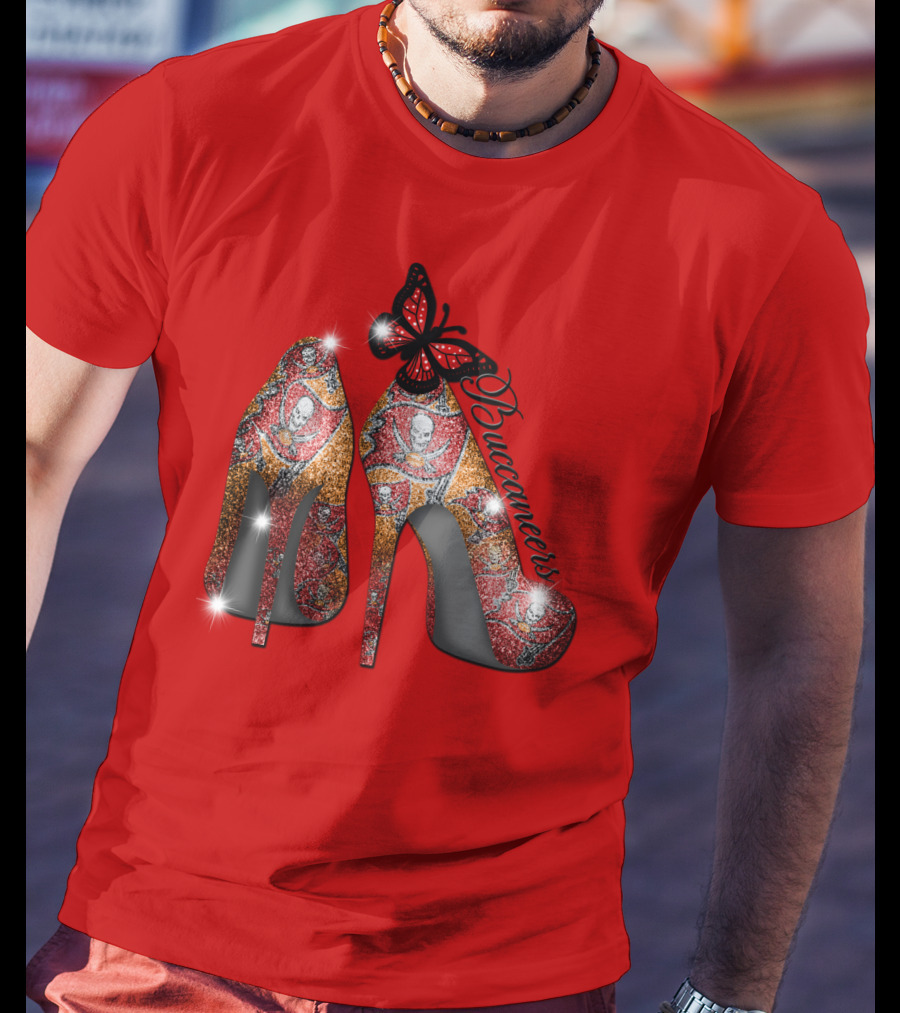 Buccaneers Heels With Red And Gold Skull Pattern Butterfly Accent T-Shirt