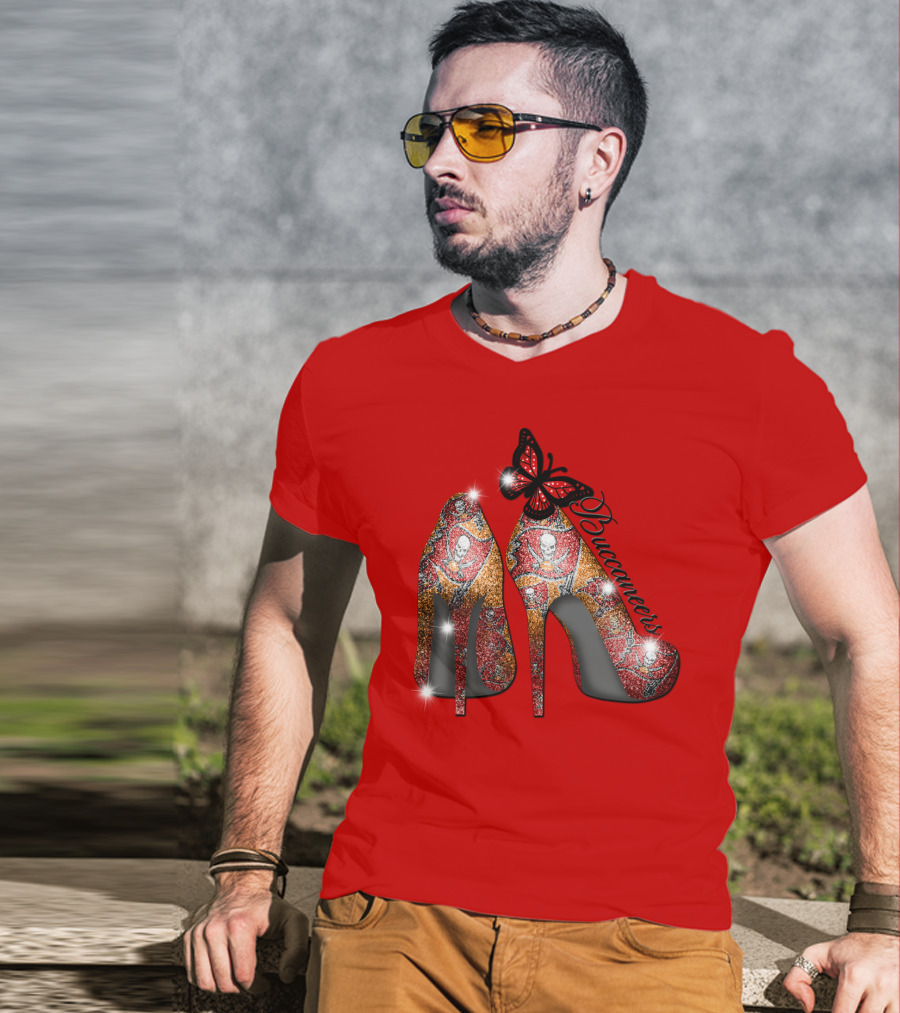 Buccaneers Heels With Red And Gold Skull Pattern Butterfly Accent T-Shirt