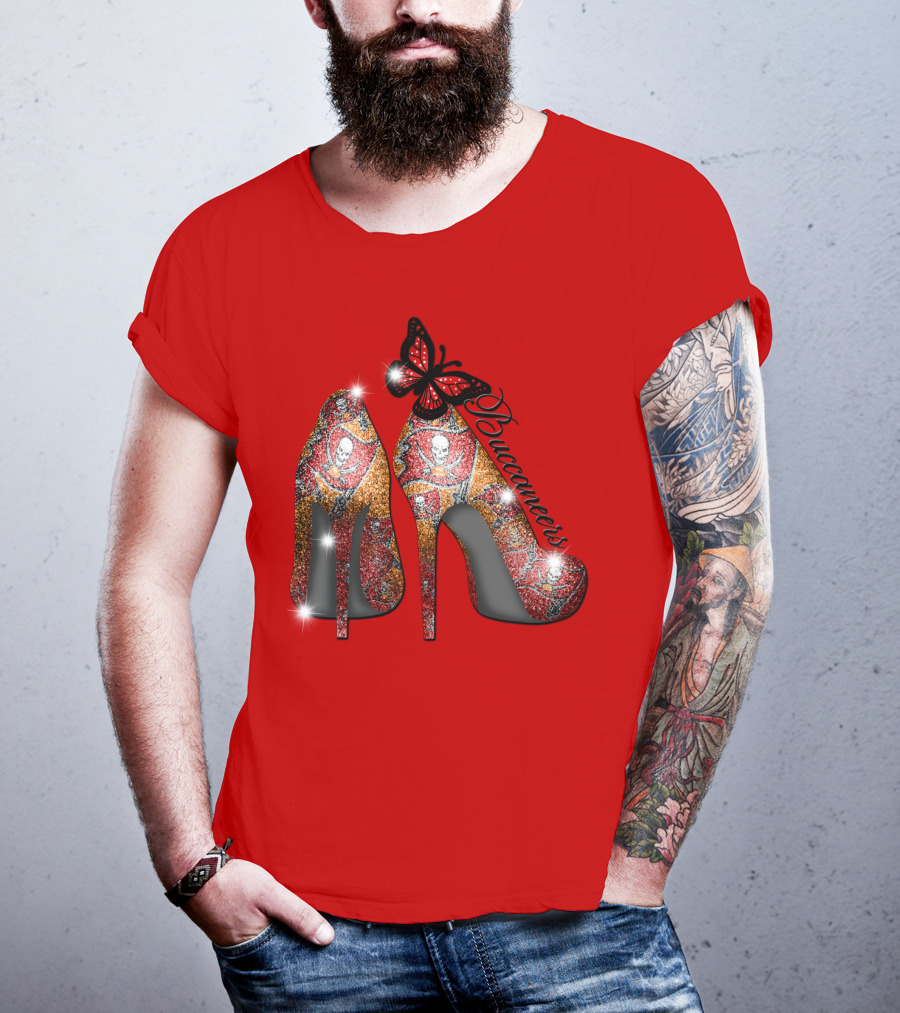 Buccaneers Heels With Red And Gold Skull Pattern Butterfly Accent T-Shirt