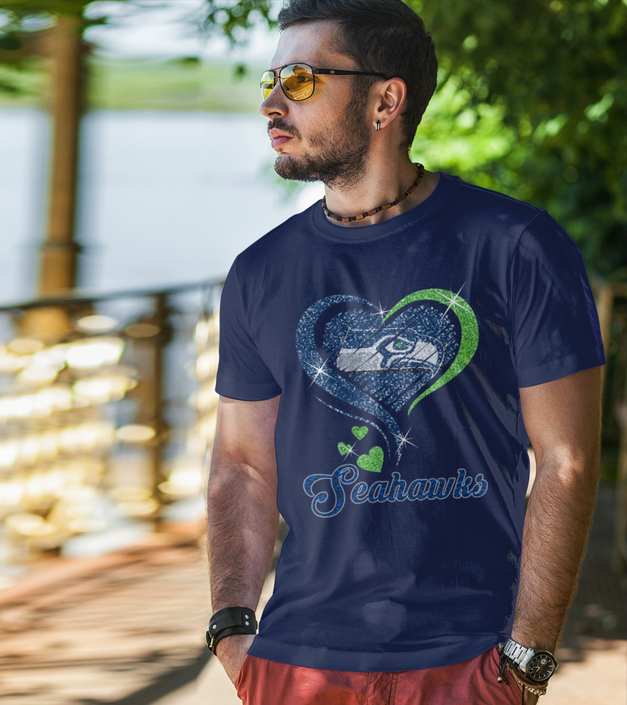 Seahawks Heart Logo With Green And Blue Sparkles T-Shirt
