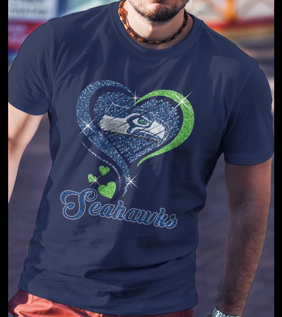 Seahawks Heart Logo With Green And Blue Sparkles T-Shirt