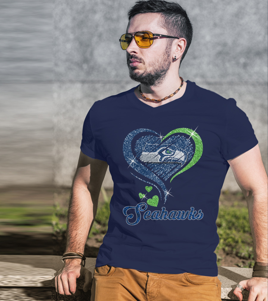 Seahawks Heart Logo With Green And Blue Sparkles T-Shirt