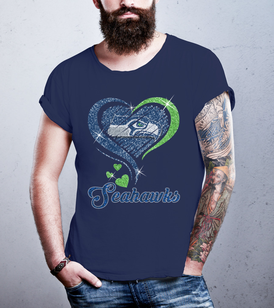 Seahawks Heart Logo With Green And Blue Sparkles T-Shirt